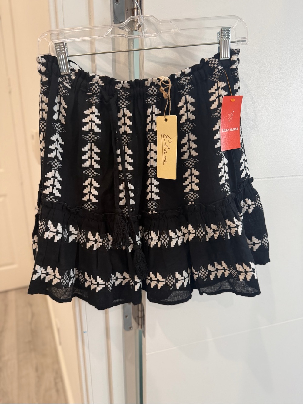 Elan Black & White Embroidered Tiered Skort with Tassel Drawstring